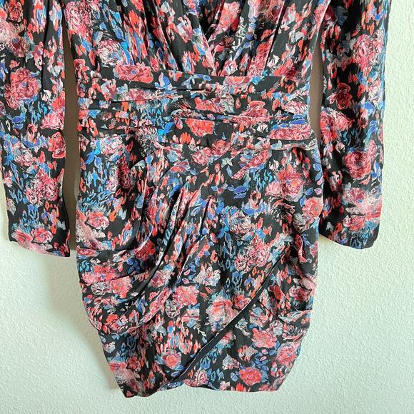 IRO Floral Fling Silk Sheath Mini Dress Women's 34 US 2 Long Sleeve Faux Wrap - Picture 3 of 8